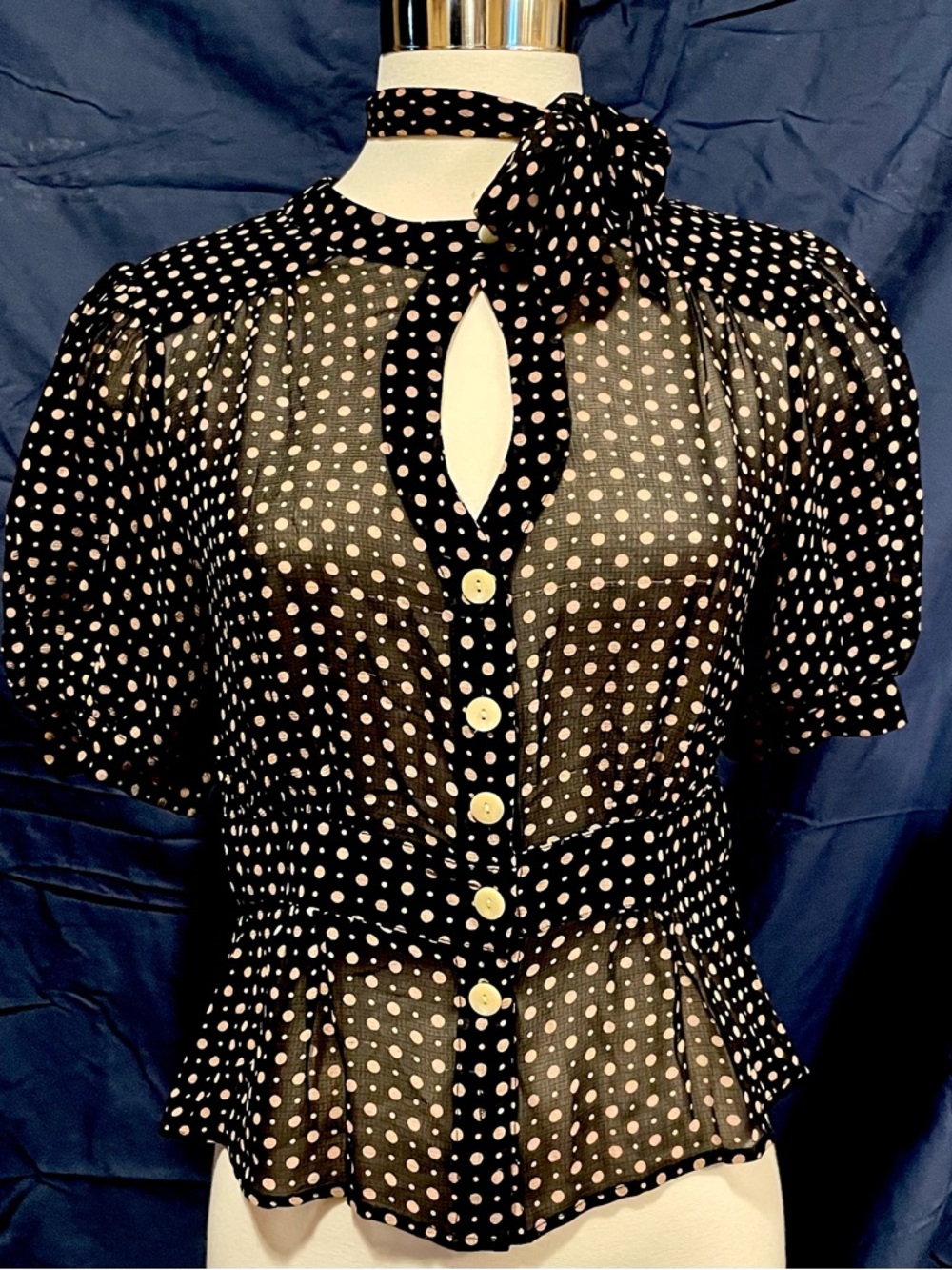 Nanette Lepore Black and Light Pink Polka Dot Tie-Neck Blouse